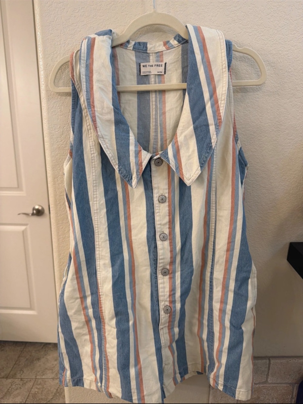 We The Free Blue, White & Tan Vertical Stripe Sleeveless Button-Down
